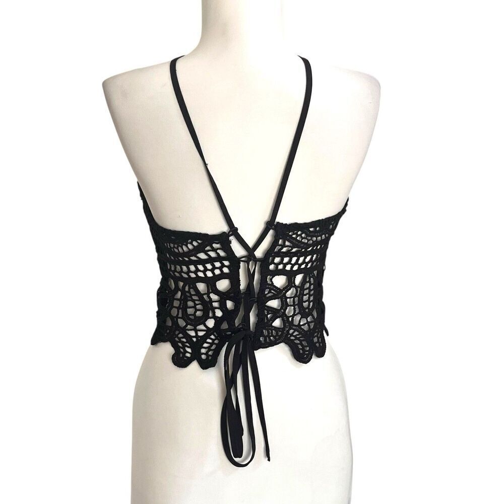 Y2K Crochet corset Crop Top Black Lace-Up Back S Goth Whimsigoth renaissance - Picture 4 of 9